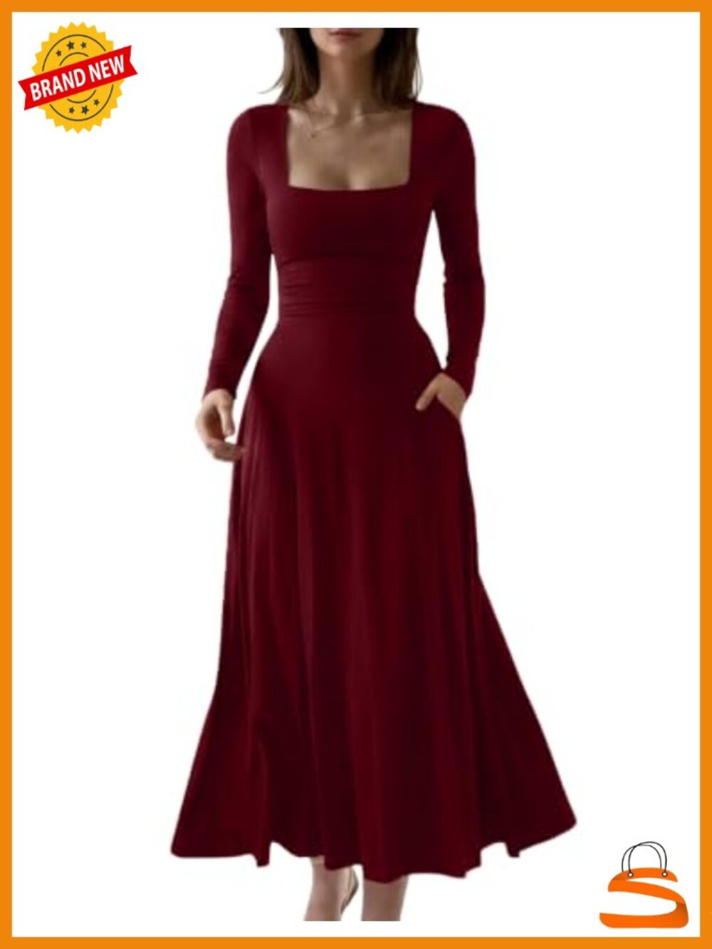 Women's Long Sleeve Square Neck A-Line Flowy Maxi Dress with Pockets